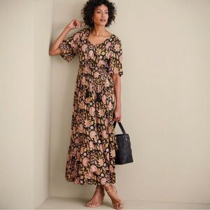 Soft Surroundings Marissa Floral Maxi Dress Size 4P Smocked Tassel Tie Back Zip